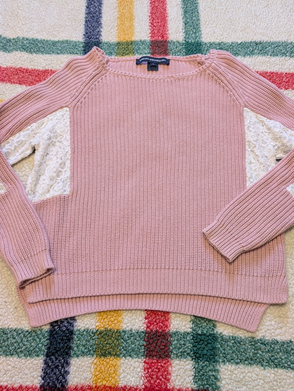 French Connection Blush Pink Crewneck Sweater with White Lace Insets